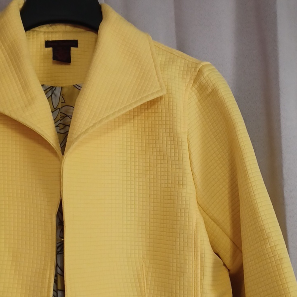 Sara Isabella Bright Yellow Square Textured Jacket Open Front Floral Lined Sz S - Picture 5 of 15